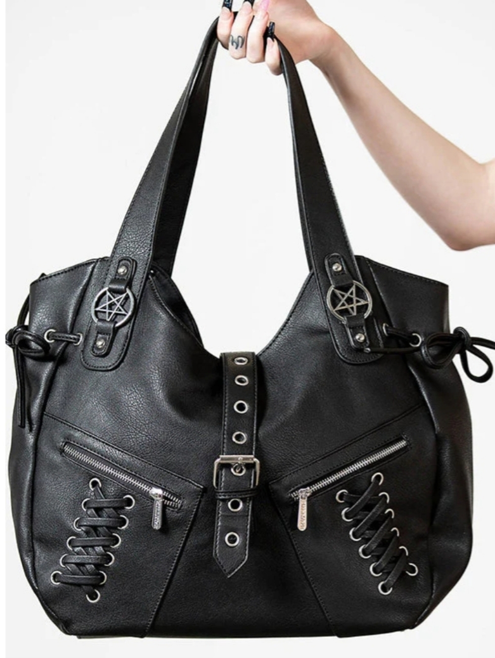 Killstar Killjoy Black Faux Leather Goth Bag w/Pentagram & Corset Accents - Picture 8 of 12